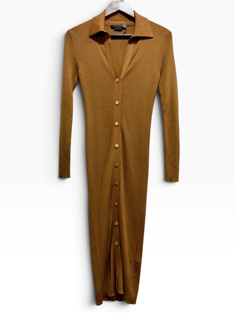 Alice + Olivia Alcina Camel Wool Rib Knit Button Midi Dress S